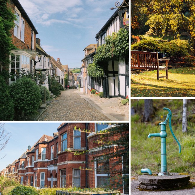 A collage of four images- one is an outdoor faucet, another is a bench on a field in the autumn ,and the other two are houses.